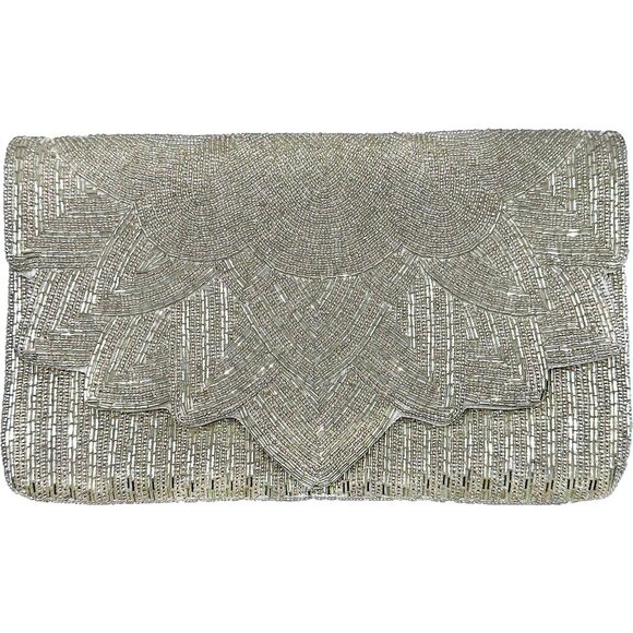 Beautiful Sparkling Glass Seed Beaded Silver Metallic Clutch Crossbody Chain Bag - Picture 5 of 5